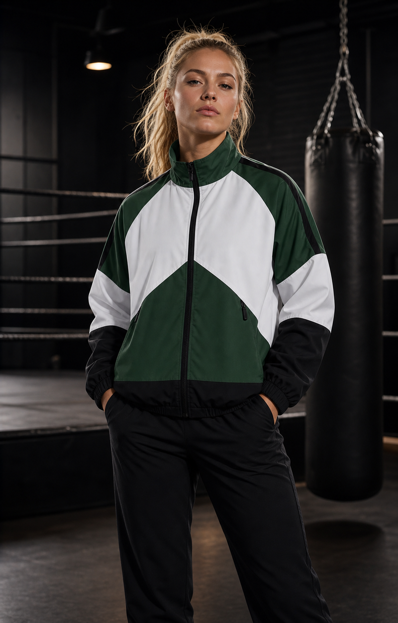 Woman wearing the forest green Vector Panel Training Jacket in a boxing gym