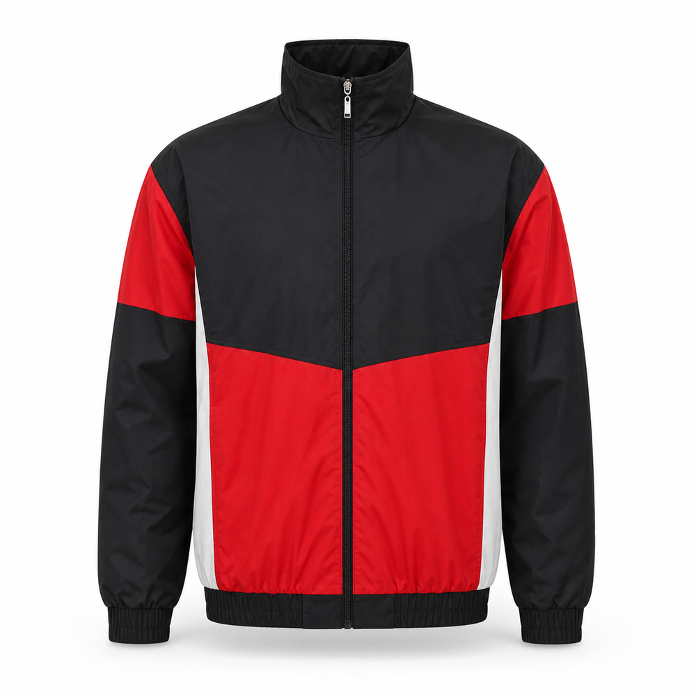 Red and black training windbreaker on a white background