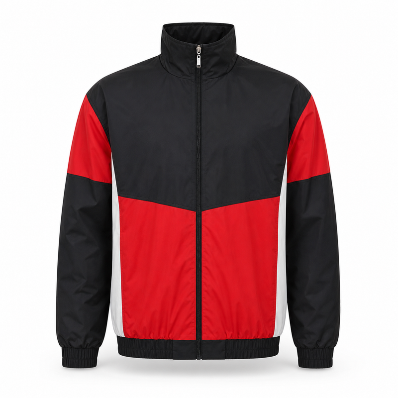 Red and black training windbreaker on a white background