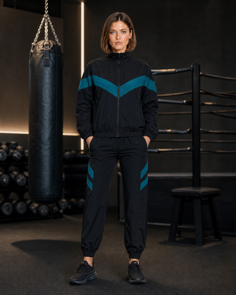 Core Motion Tracksuit — Black — ATHENIS brunette female model