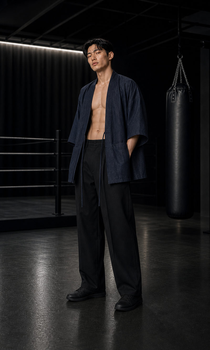 SYNTHETIC CREATIVE — Draped Denim Training Overshirt worn alone by Asian model; editorial gallery image, not physical product proof