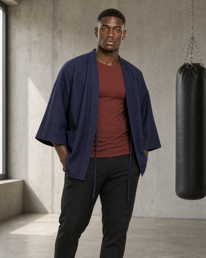 SYNTHETIC CREATIVE — Draped Denim Training Overshirt, Brown variant styled reddish on Black model; not physical product proof