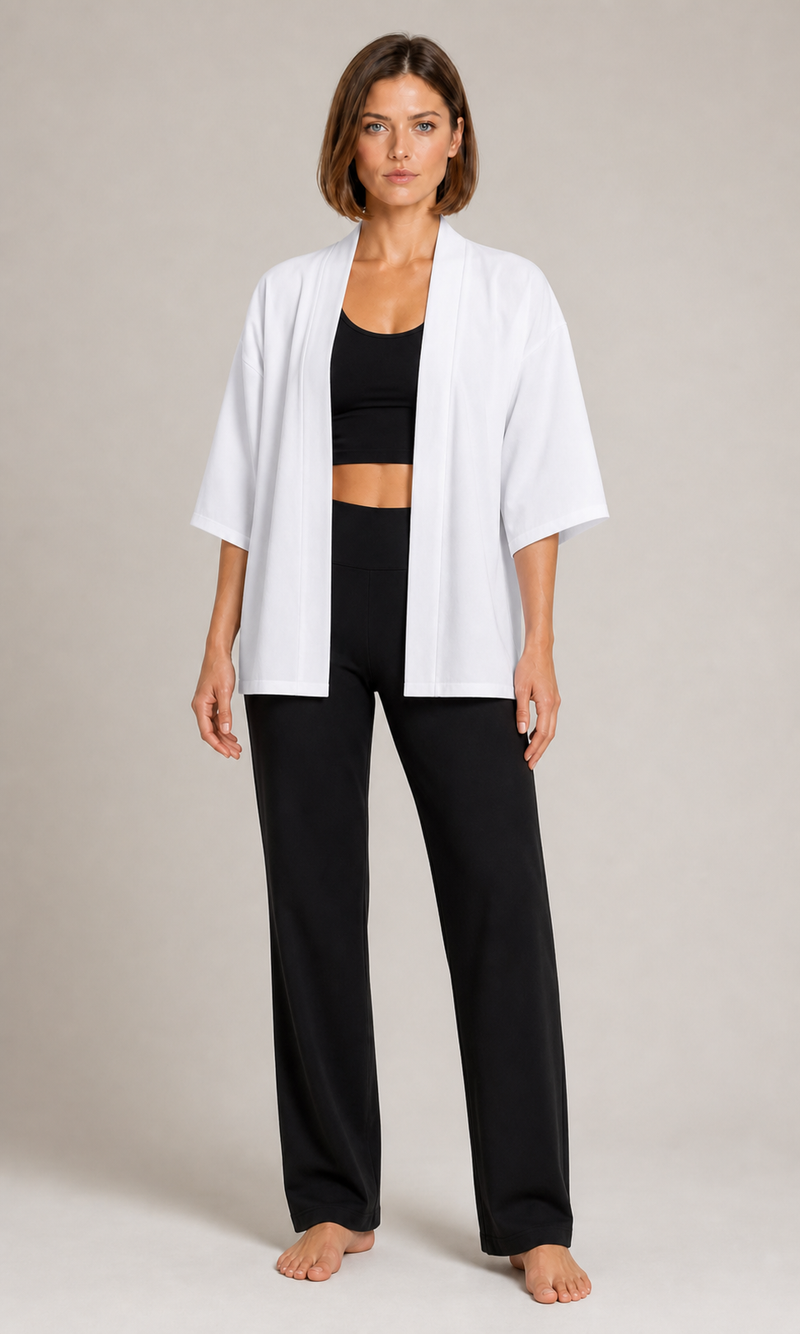Short-Sleeve Haori Training Shirt — White variant on ATHENIS brunette model — synthetic creative